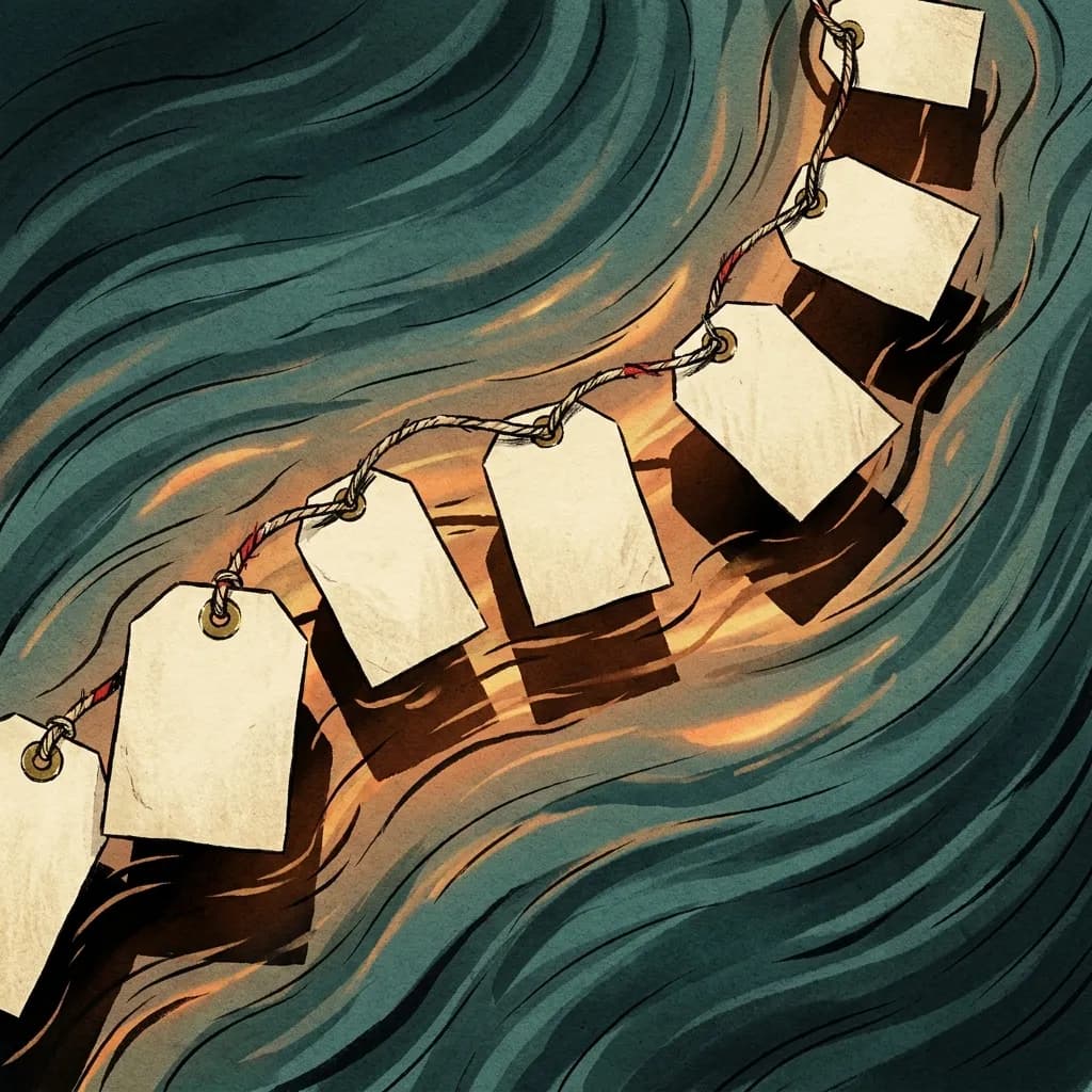 A chain of small blank paper chart-tags linked by twine drifting on a deep teal current