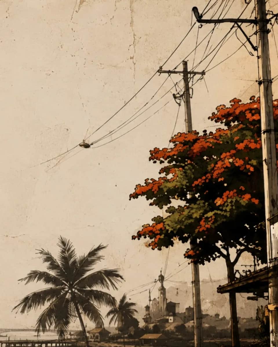 Ink-and-wash view of a Caribbean waterfront: a weathered board house with a wrought-iron balcony, a flame tree in red-orange bloom, leaning utility poles and tangled wires, a coconut palm, and a distant harbour bridge under a hazy sky