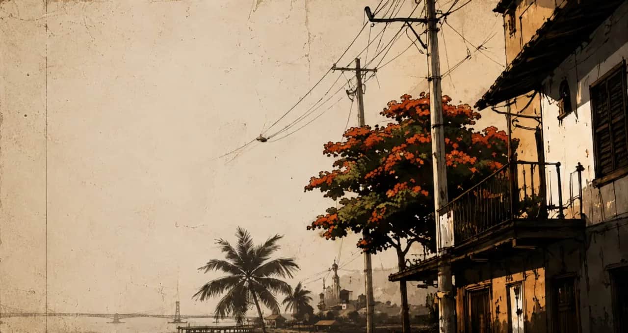 Ink-and-wash view of a Caribbean waterfront: a weathered board house with a wrought-iron balcony, a flame tree in red-orange bloom, leaning utility poles and tangled wires, a coconut palm, and a distant harbour bridge under a hazy sky