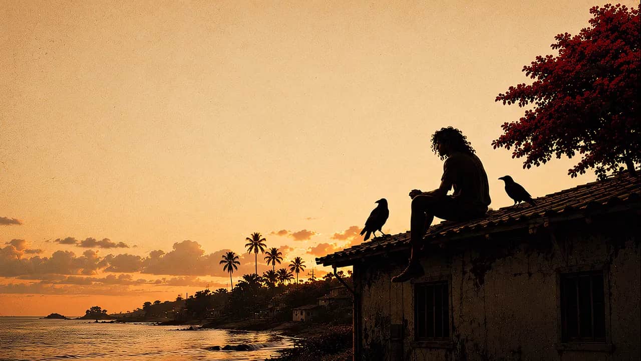 Golden hour over a Caribbean port town: a young man sits on a rooftop beside a flame tree in red bloom, the harbour below