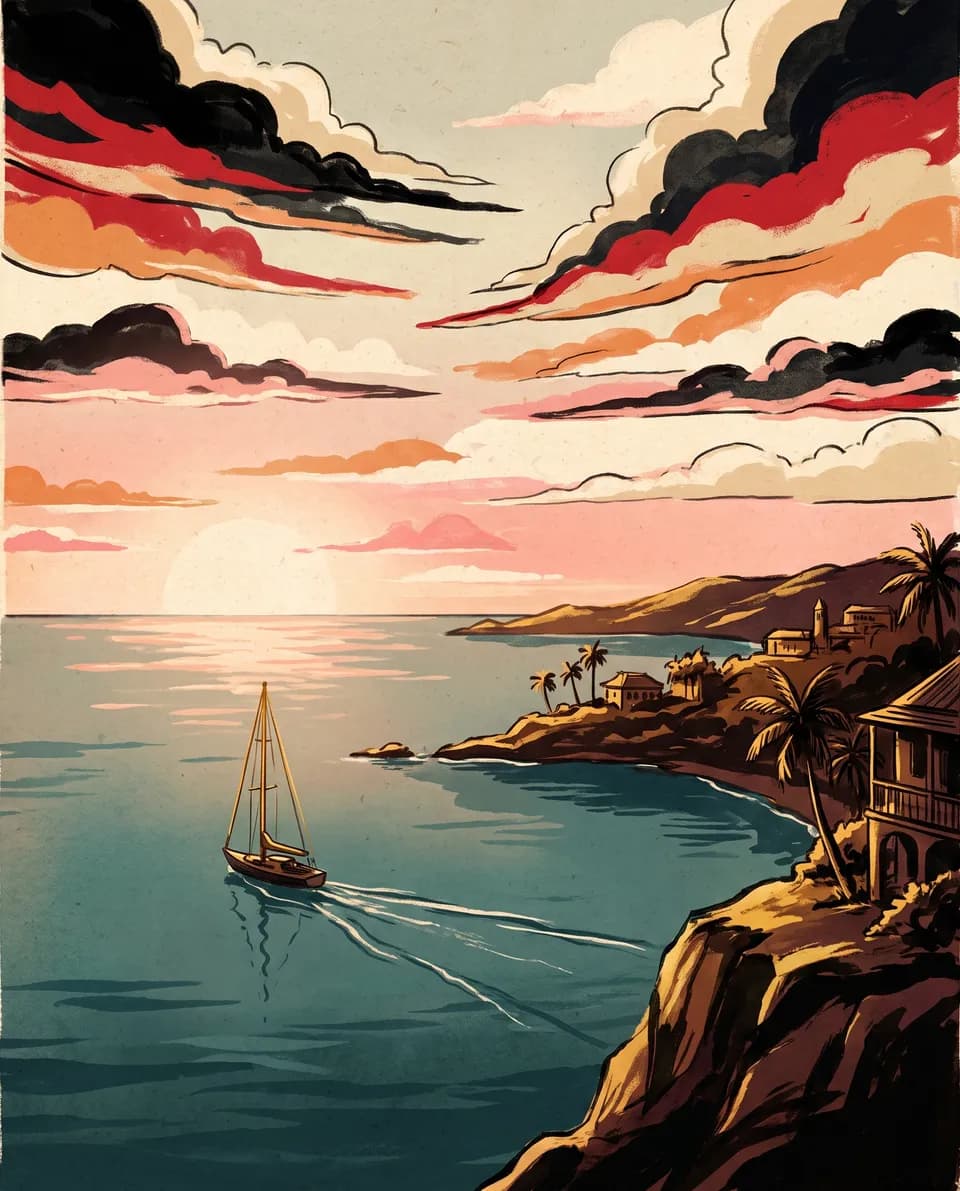 Sunrise breaking over a calm bay, a small sailboat leaving a clean wake