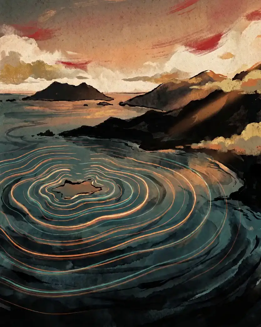 A dark island seascape at dusk with glowing light trails rippling across the water