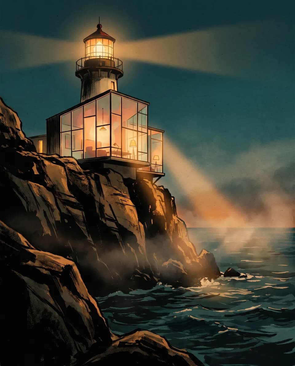 A lighthouse studio on a cliff at blue hour, warm beams cutting through sea mist