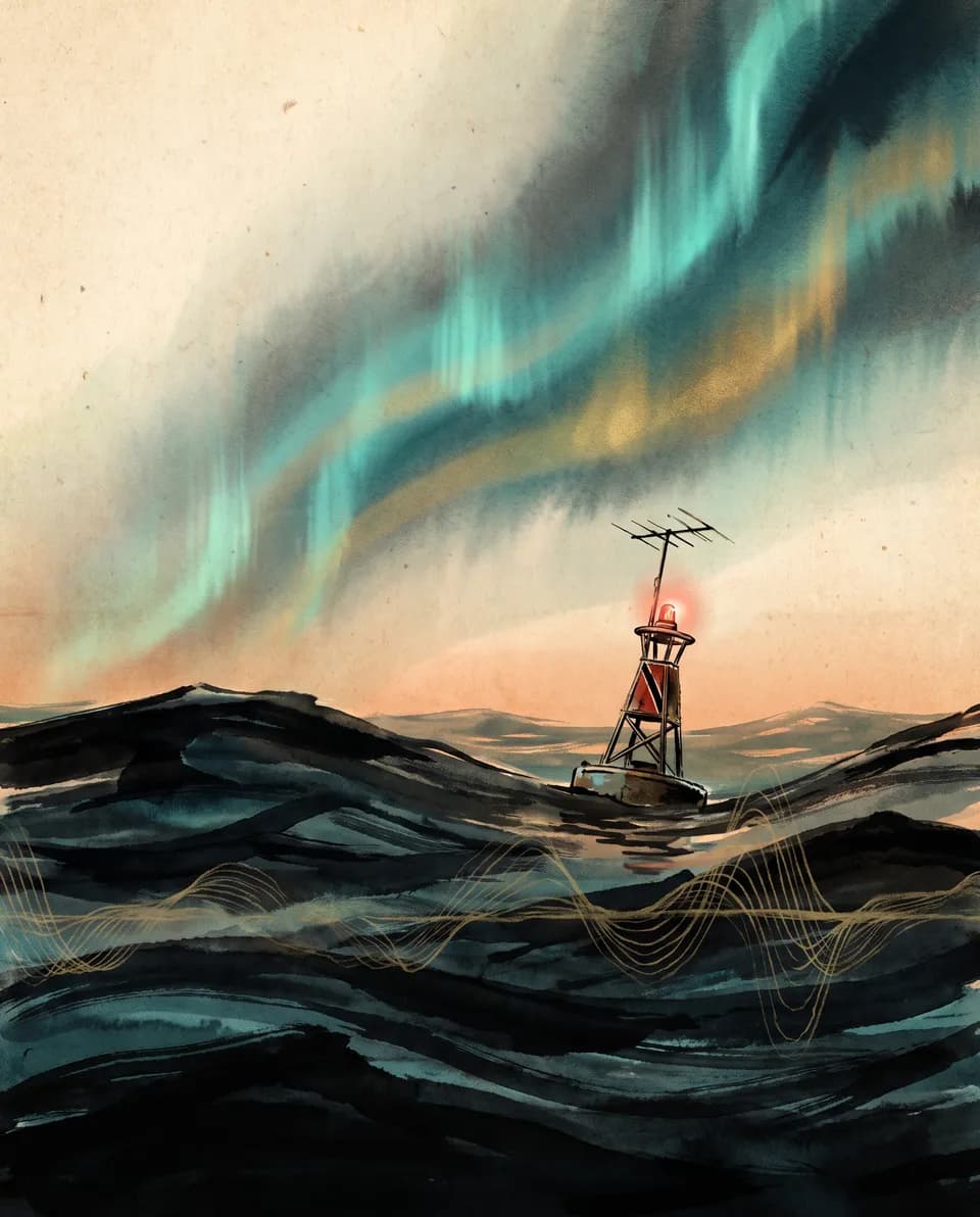 A night sea under shifting bands of signal light, a lone antenna buoy blinking red among dark waves